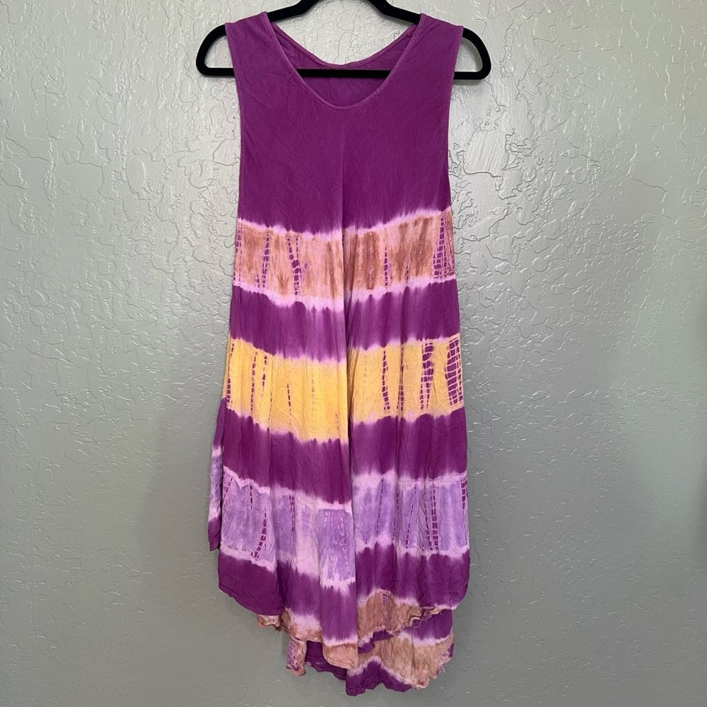 Purple Tie-Dye Sleeveless Sundress with Yellow & Lavender Stripes
